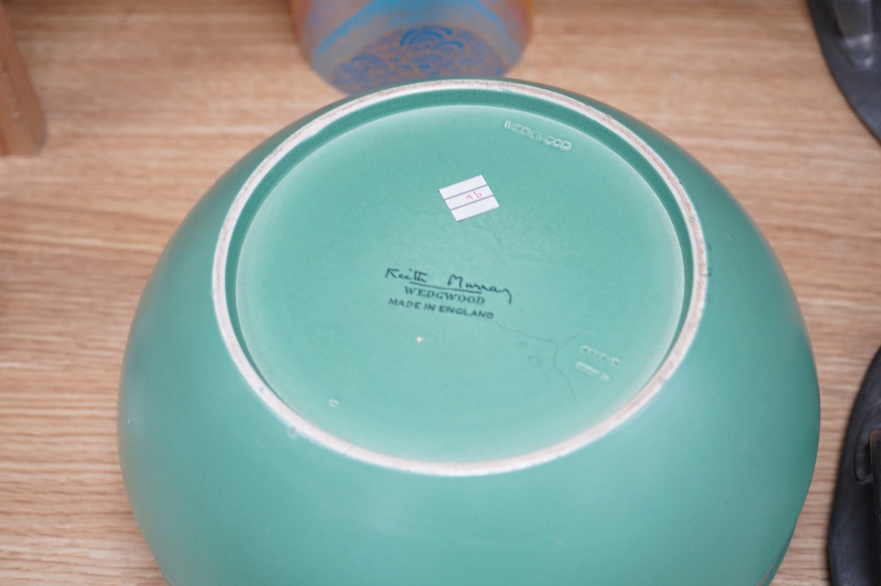 Keith Murray for Wedgwood green glazed ribbed bowl, signed and stamped to the base, 25cm in diameter